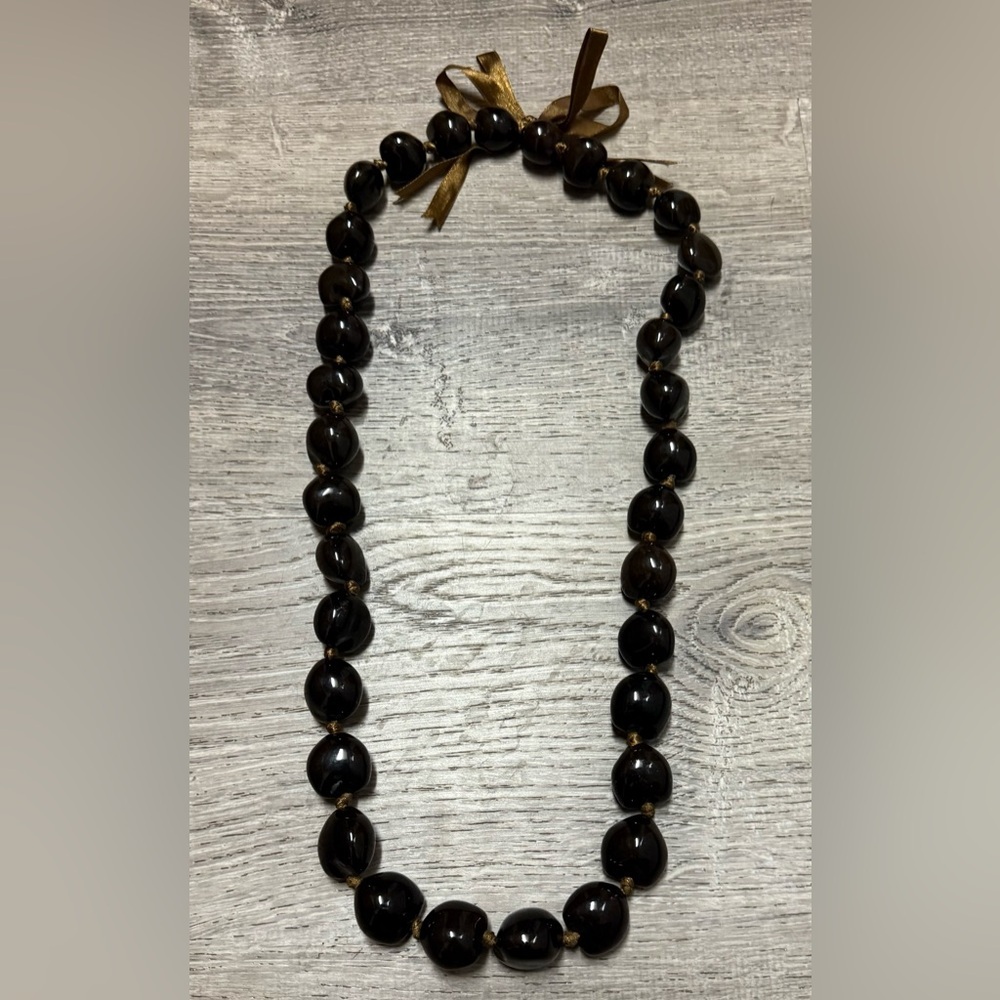 Kukui Nut Necklace 36” Hawaiian Lei Dark Brown Beaded Statement - Picture 4 of 4